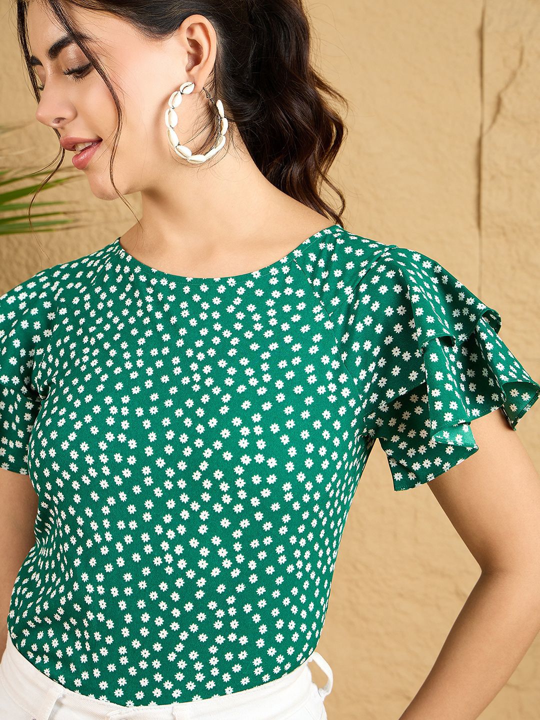 Berrylush Polka Dot Print Batwing Sleeve Ruffles Top
