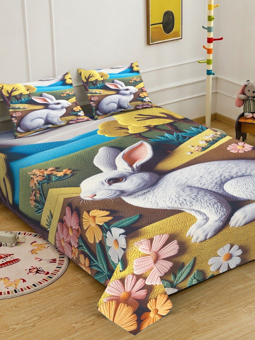 Myntra Elegant Homes Biru & Putih 400 TC Cadar Katil King dengan 2 Sarung Bantal
