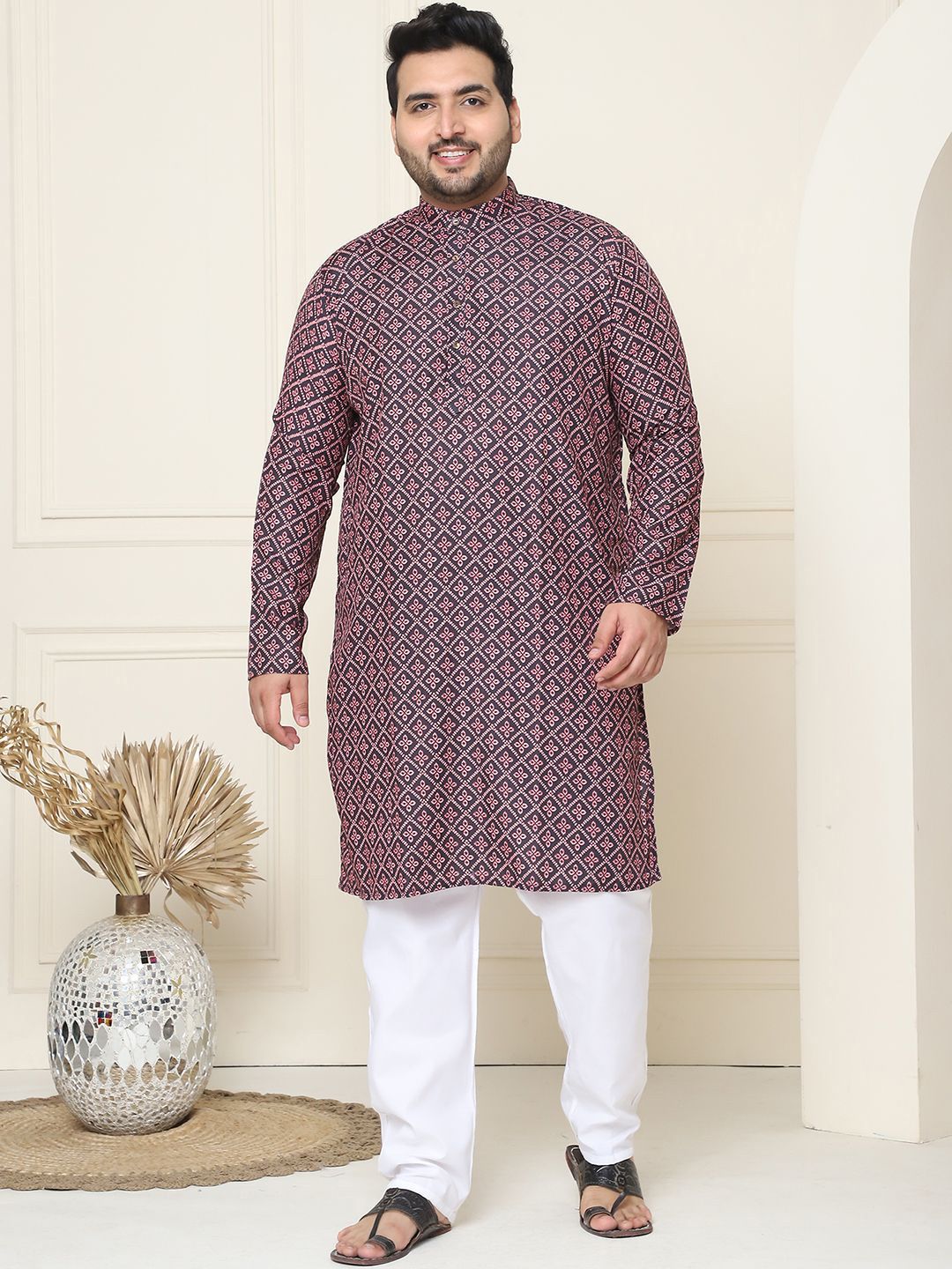 SOJANYA PLUS Ethnic Motifs Band Collar Straight Kurta With Pajamas