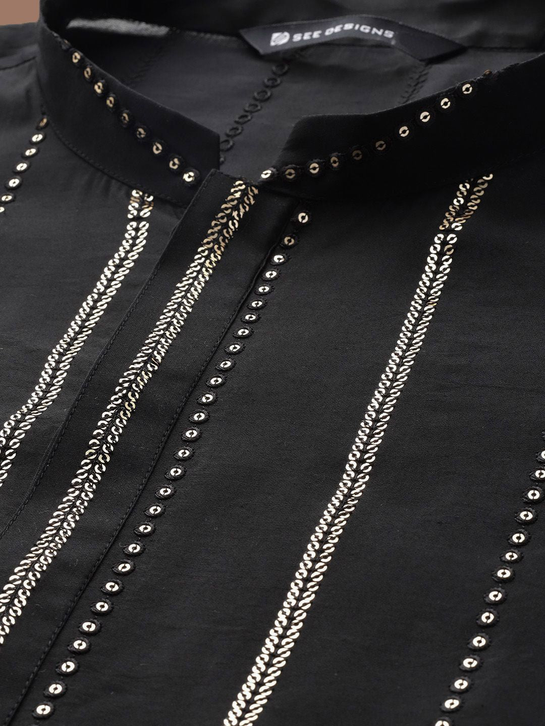 See Designs Mandarin Collar Geometric Embroidered Sequinned Chanderi Silk Straight Kurta