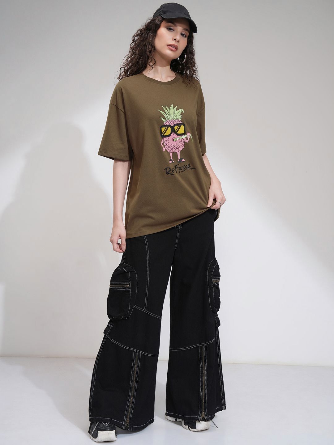 Street By Tokyo Talkies Women Solid Oversized Fit Chest and Back Print T-Shirt