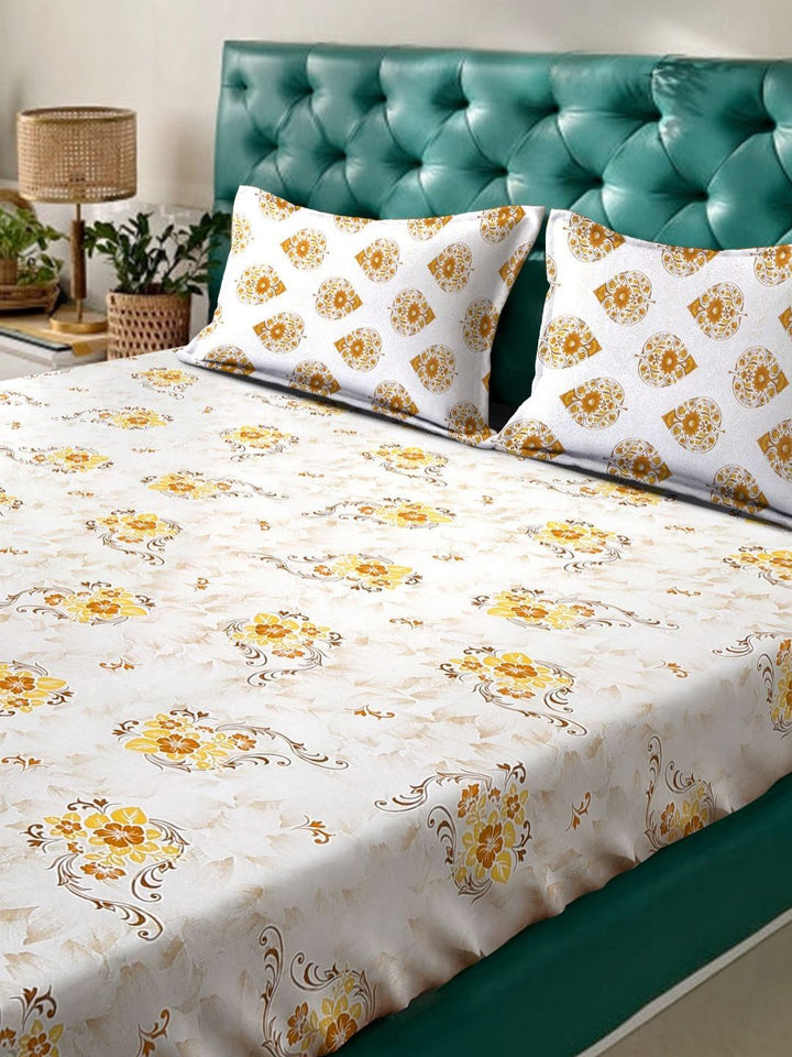 KLOTTHE Yellow Floral Pure Cotton 400 TC King Fine Bedsheet with 2 Pillow Covers-98 x 89 inches