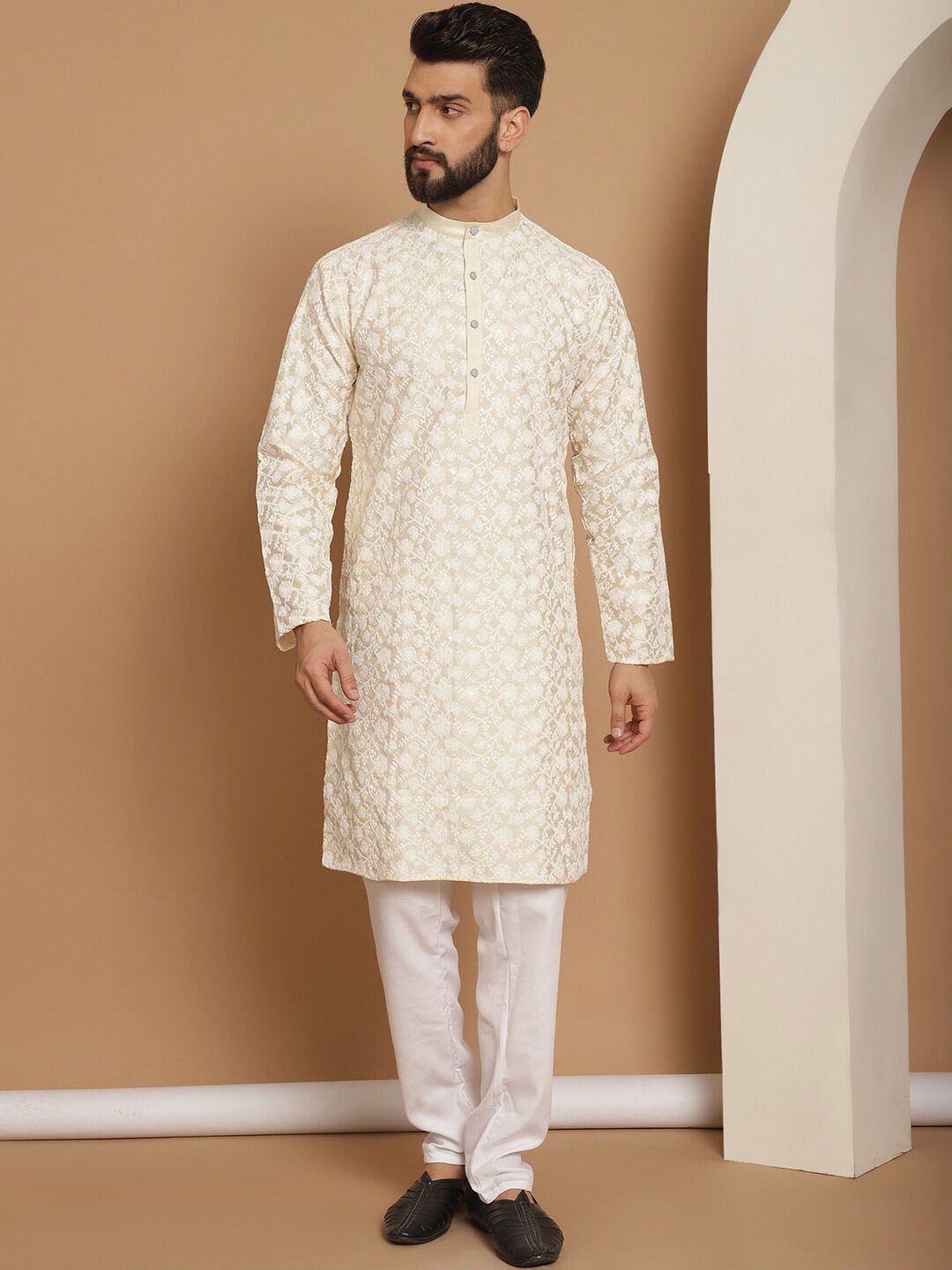 Anouk Floral Embroidered Band Collar Regular Kurta & Churidar