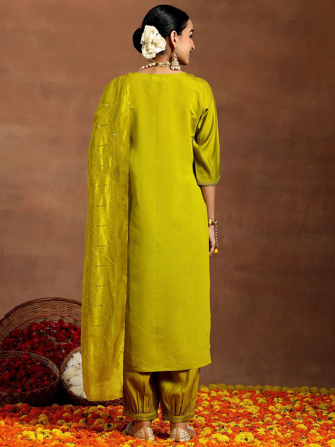 Libas Floral Embroidered Sequinned Straight Kurta with Salwar & With Dupatta