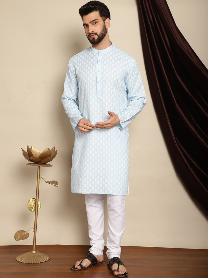 Anouk Blue Mandarin Collar Ethnic Motifs Printed Straight Kurta with Pyjamas
