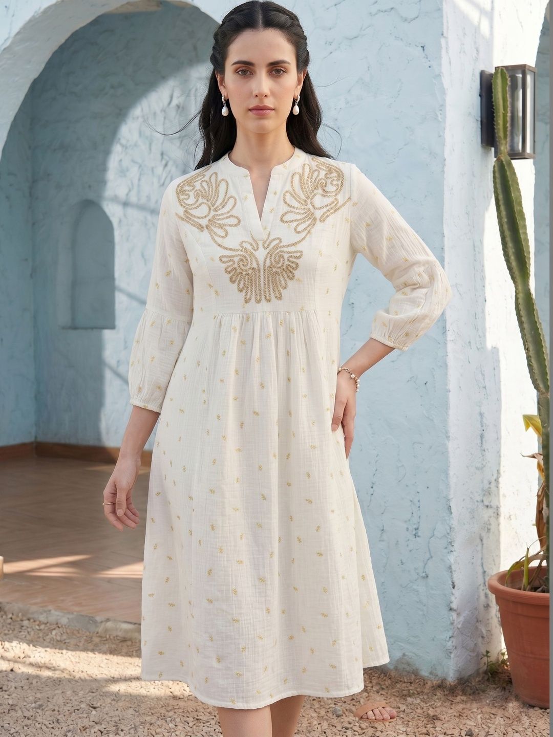 Mamicha Embroidered Puff Sleeve A-Line Midi Dress