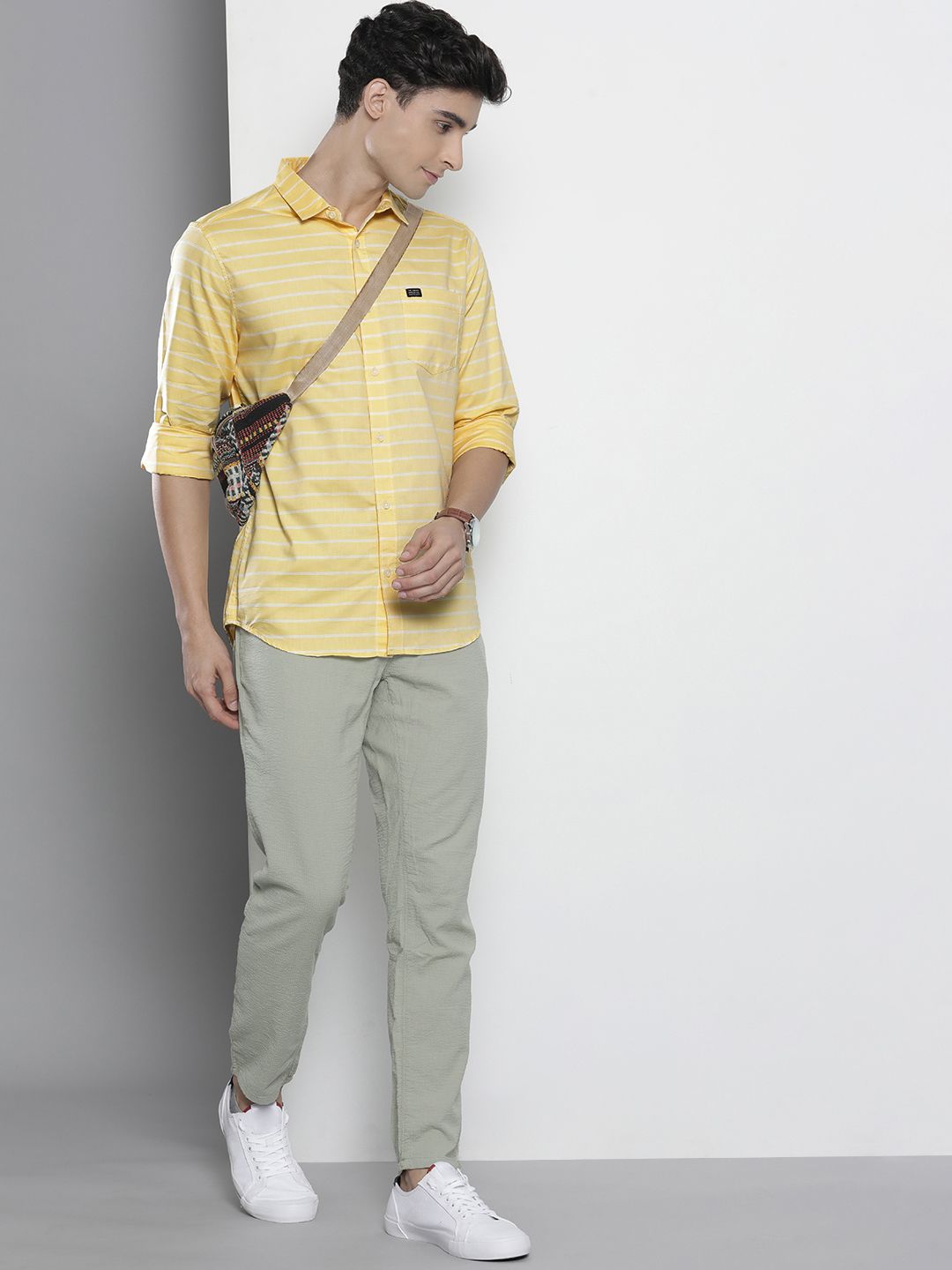 The Indian Garage Co Men Yellow Cotton Smart Slim Fit Striped Casual Shirt