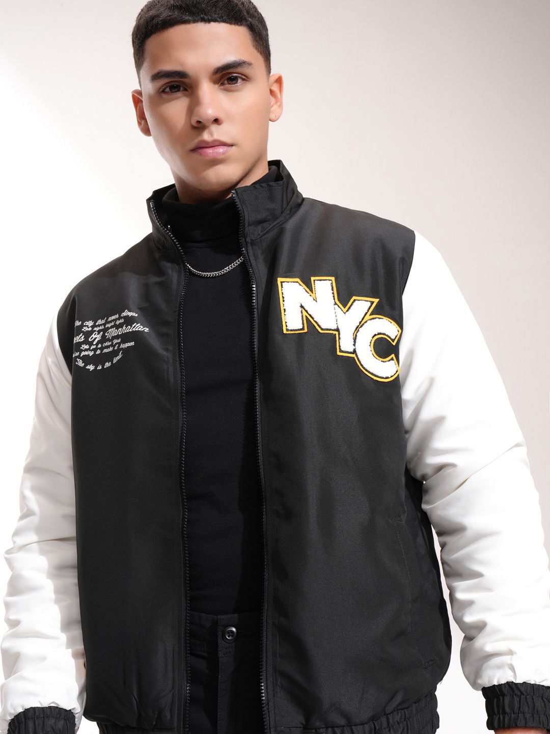 HIGHLANDER Men Mock Collar Typography Printed Casual Bomber Jacket