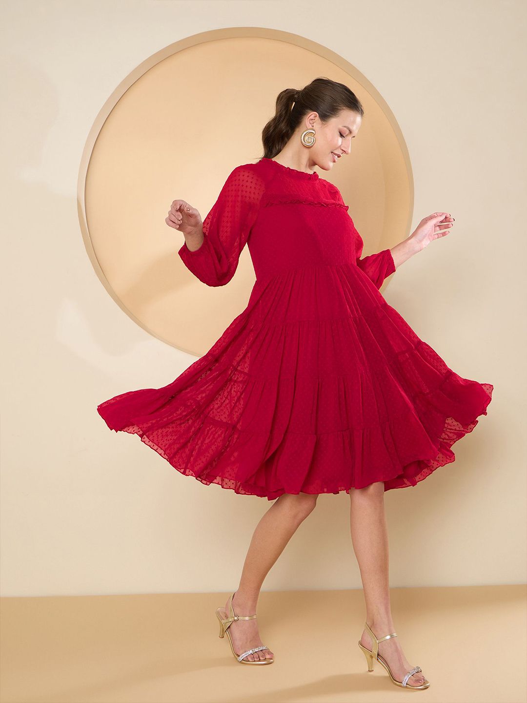Antheaa Flared Sleeve Chiffon Fit & Flare Dress