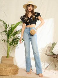 Berrylush Floral Print Ruffles Styled Back Crop Top