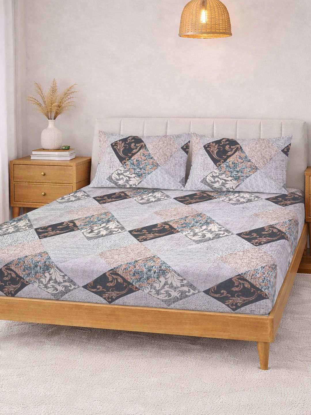 KLOTTHE Grey & Brown Printed 300 TC Double Bedsheet With 2 Pillow Covers- 2.5 m x 2.25 m