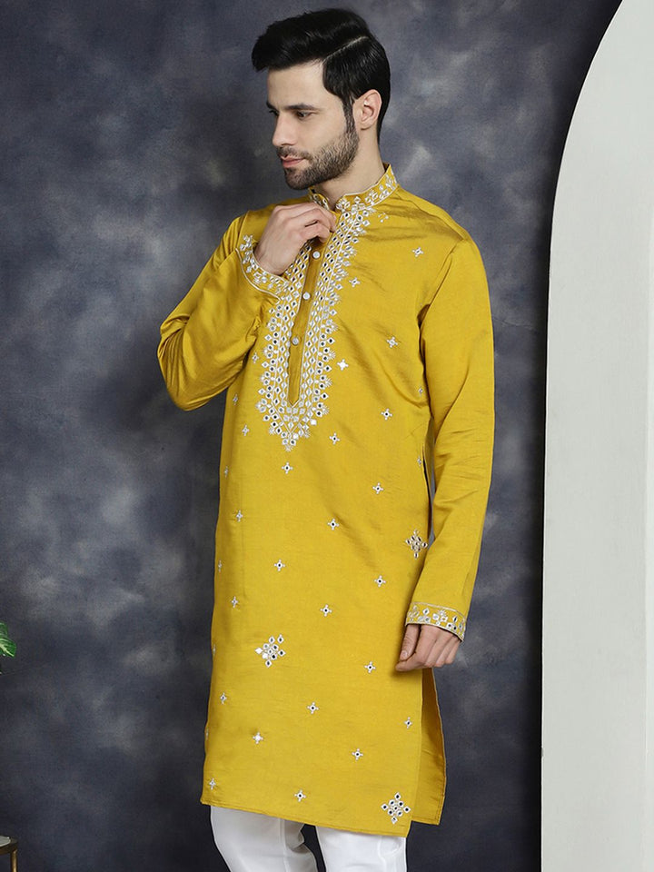 Jompers Geometric Embroidered Mandarin Collar Mirror Work Cotton Silk Straight Kurta