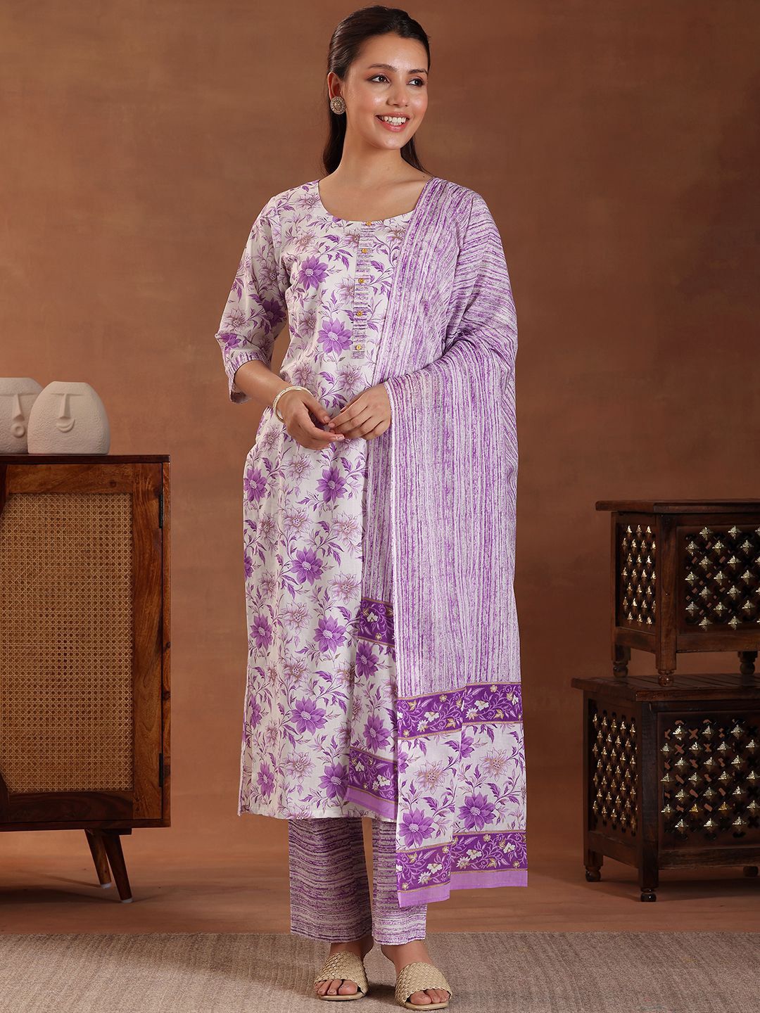 Libas Floral Printed Pure Cotton Straight Kurta with Trousers & With Dupatta