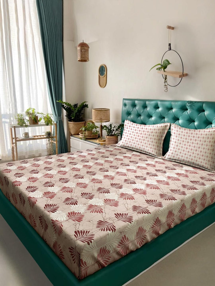 KLOTTHE Beige & Brown Floral Printed Cotton 400 TC King Bedsheet Sets 2.5 m x 2.25 m