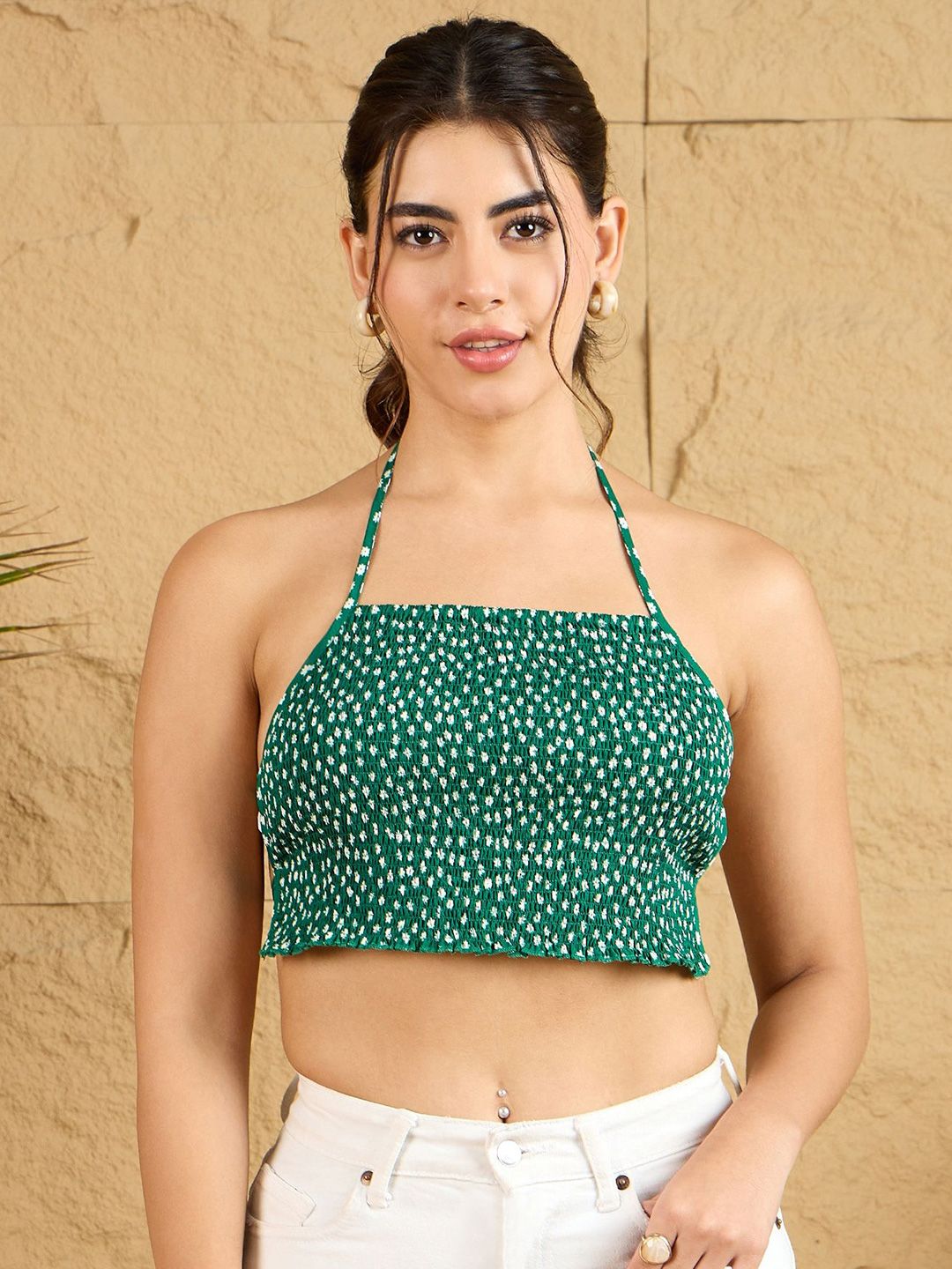 Berrylush Floral Printed Smocking Detail Styled Back Crop Top