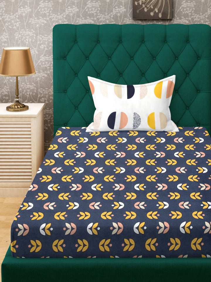 Myntra Elegant Homes Blue Printed 400 TC Fitted Single Bedsheet Set 2.25 m x 1.5 m
