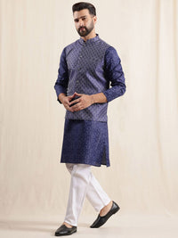 Anouk Geometric Printed Band Collar Straight Kurta With Pyjama And Nehru jacket