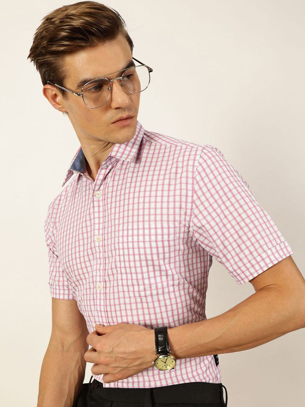 Thomas Scott Men Smart Spread Collar Gingham Checked Cotton Formal Shirt