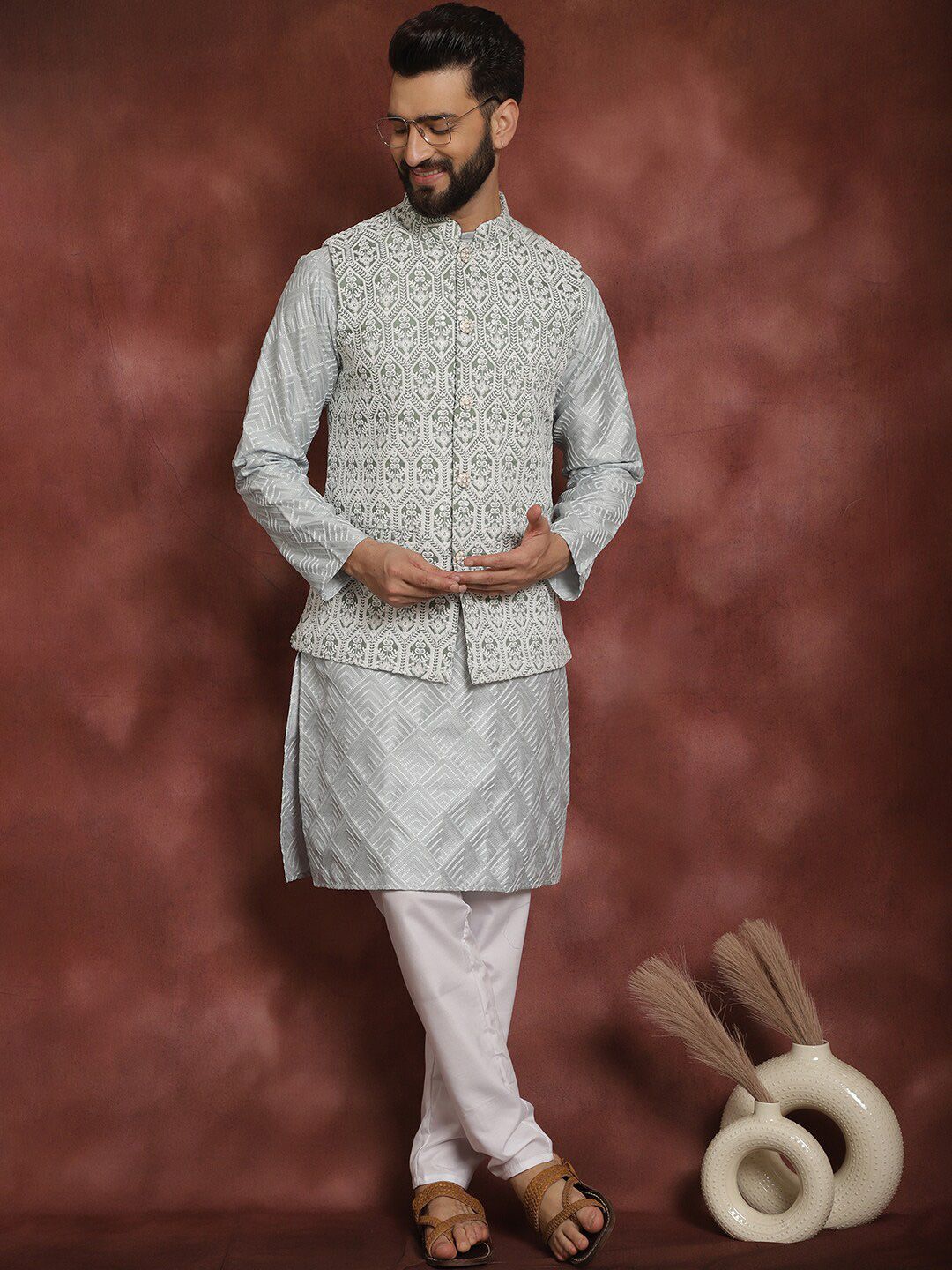 Anouk Embroidered Regular Thread Work Kurta Churidar with Nehru jacket