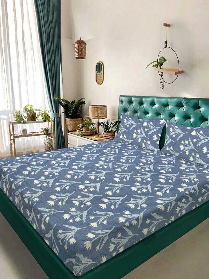 KLOTTHE Blue Floral Printed Dilengkapi 300 TC Blend King Cadar & 2 Sarung Bantal