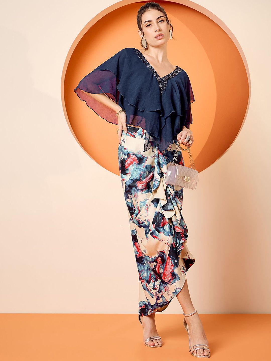 Antheaa Navy Blue Embellished V-Neck Top & Skirt