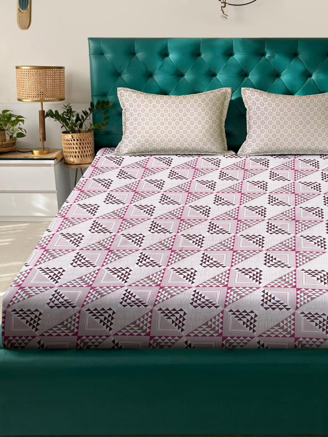 KLOTTHE Pink & Coklat Geometric Printed Cotton 400 TC Set Cadar King 2.5 m x 2.25 m
