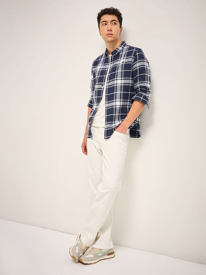 THE BEAR HOUSE Men Button-Down Collar Tartan Checked Cotton Slim Fit Casual Shirt