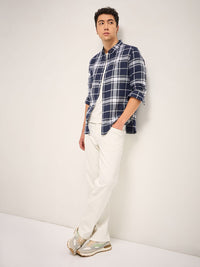 THE BEAR HOUSE Men Button-Down Collar Tartan Checked Cotton Slim Fit Casual Shirt