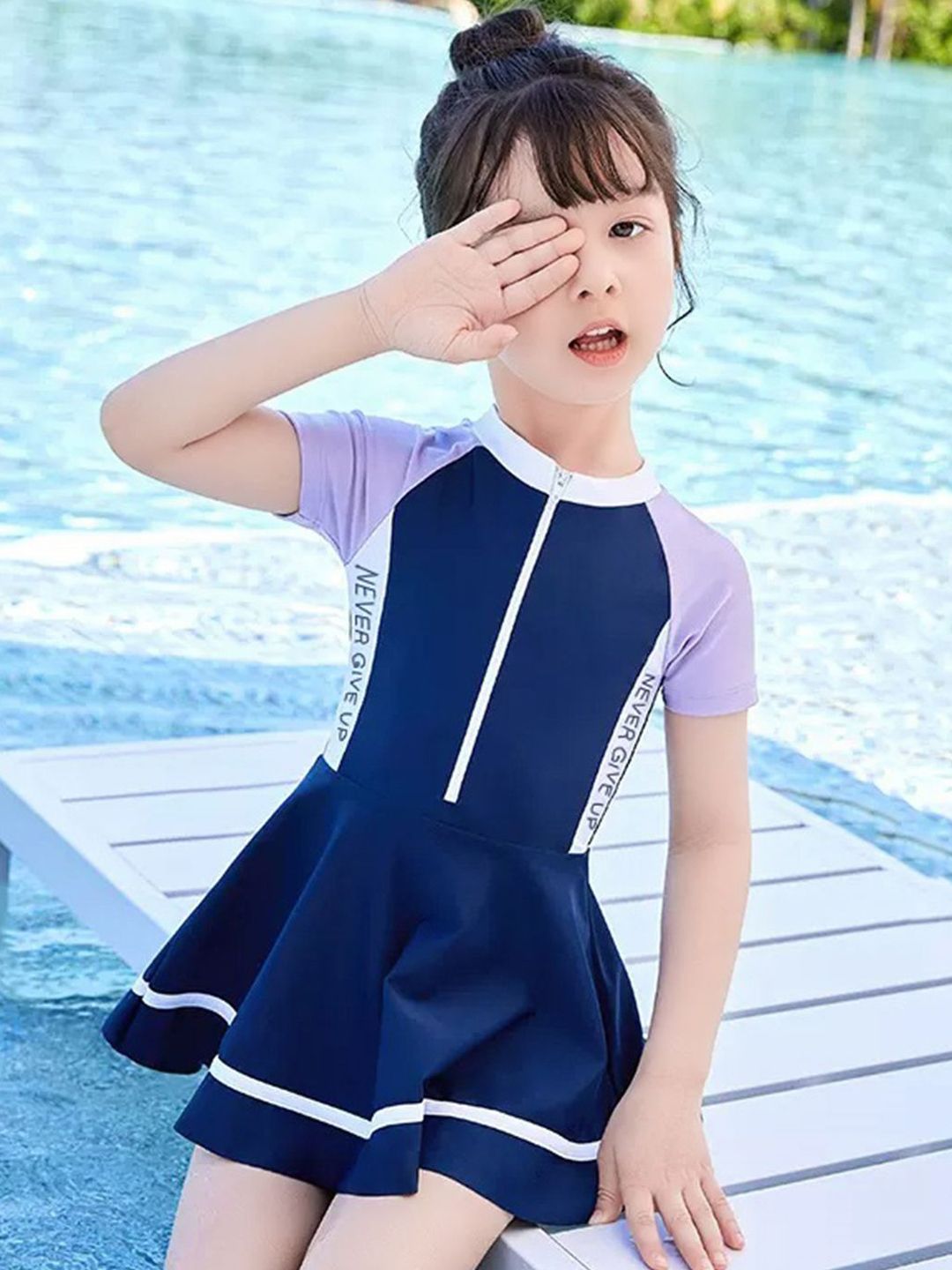 YK Girls Printed Round Neck Swim Dress