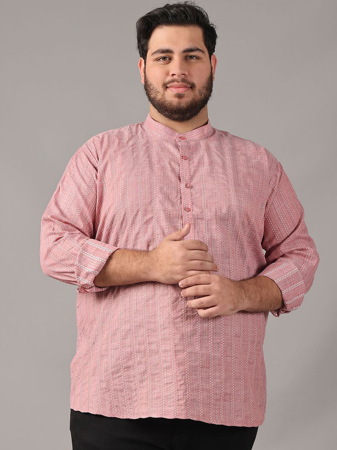 SOJANYA PLUS Size Geometric Woven Design Band Collar Cotton Straight Kurta