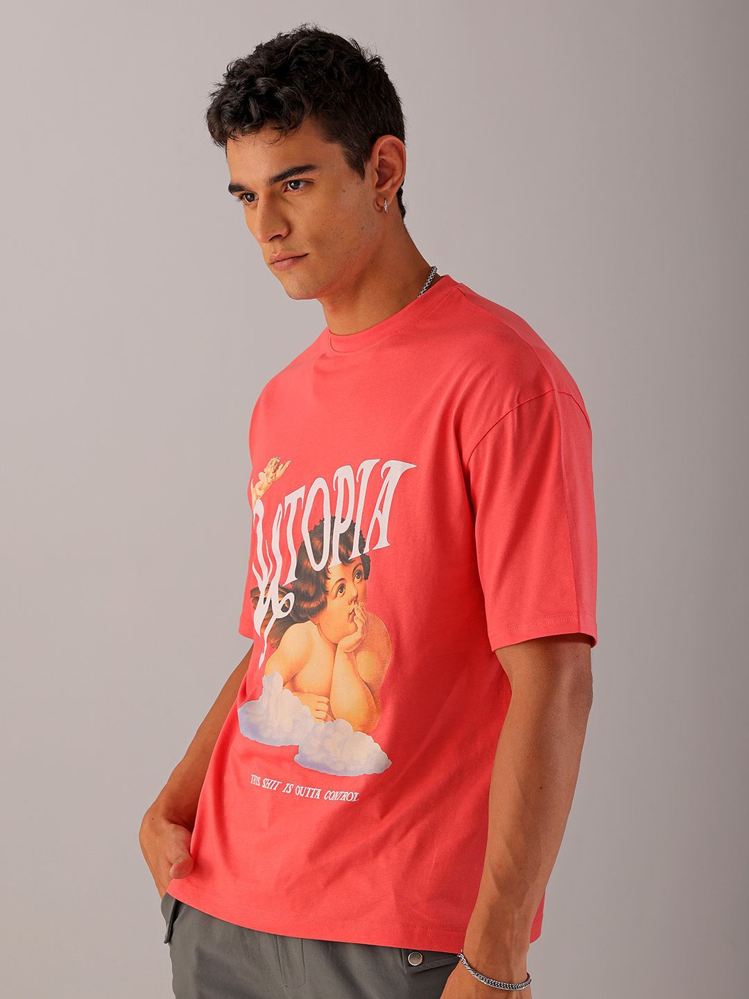 The Indian Garage Co Pure Cotton Typography Printed Boxy Oversized Round Neck T-shirt