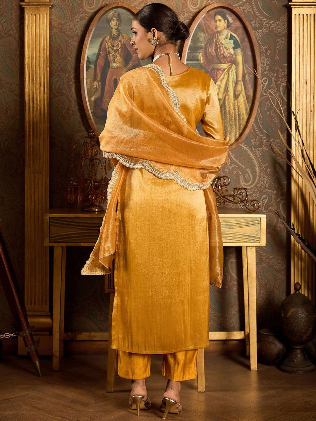 Indo Era Floral Embroidered Round Neck Regular Liva Kurta With Trouser With Dupatta
