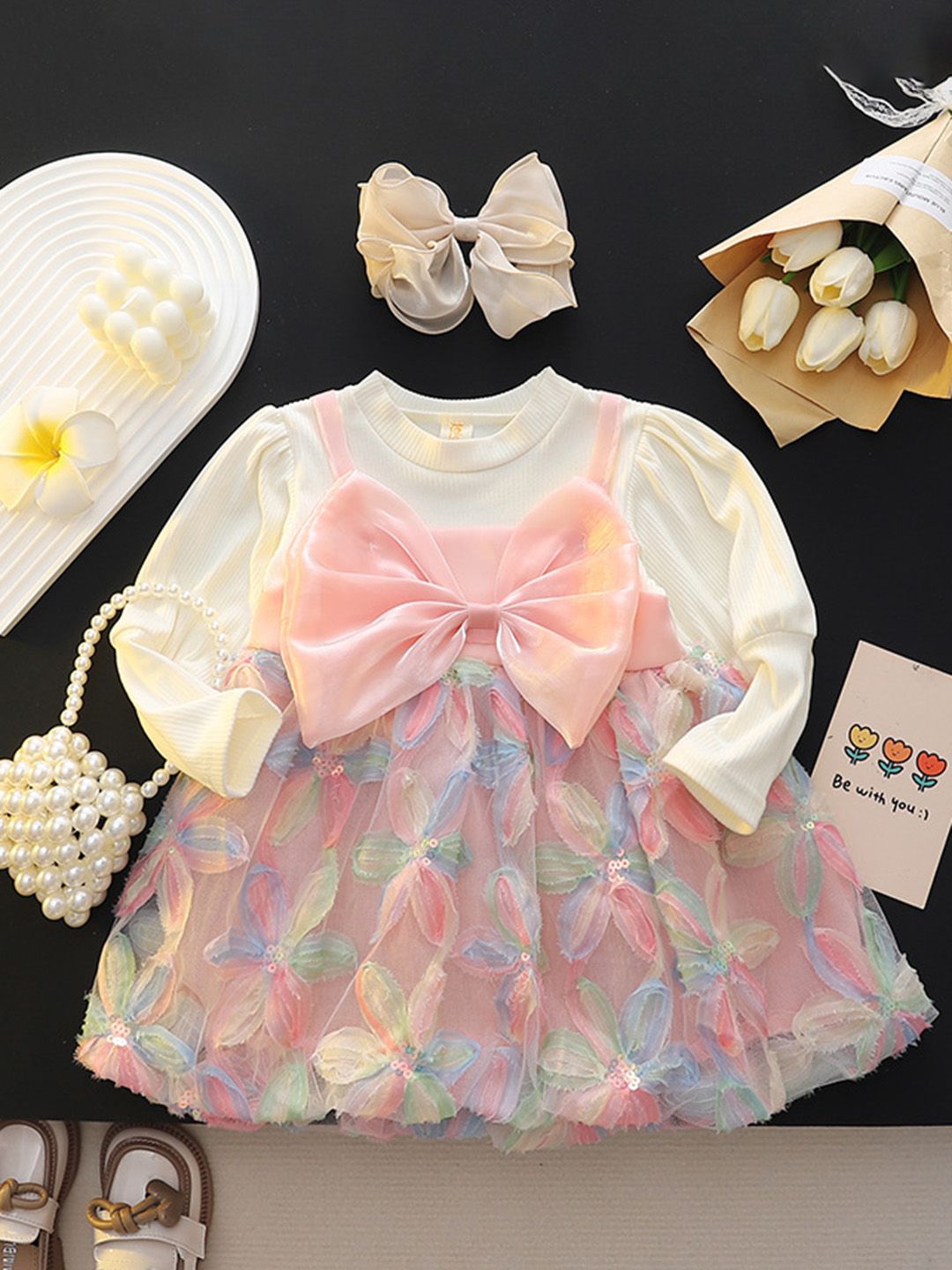YK Girls Pack of 2 Floral Self Design  Pinafore Dress