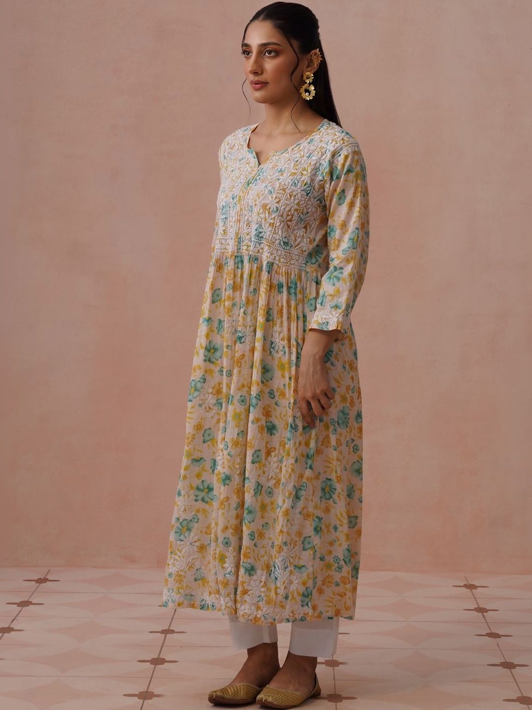 House of Chikankari Floral Print Maxi Dress