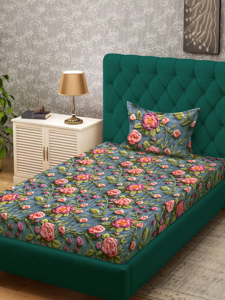 KLOTTHE Turquoise Blue Floral Printed Flat 300 TC Single Cadar 7D Dengan Sarung Bantal