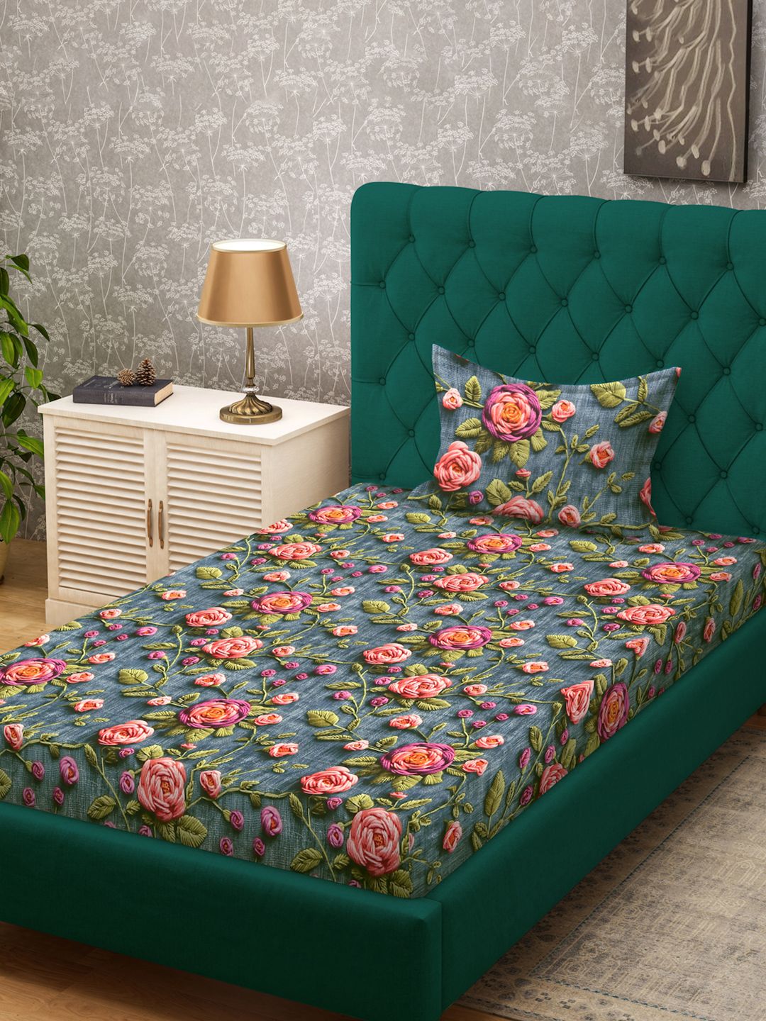 KLOTTHE Turquoise Blue Floral Printed Flat 300 TC Single Cadar 7D Dengan Sarung Bantal