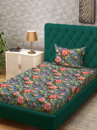 KLOTTHE Turquoise Blue Floral Printed Flat 300 TC Single Cadar 7D Dengan Sarung Bantal