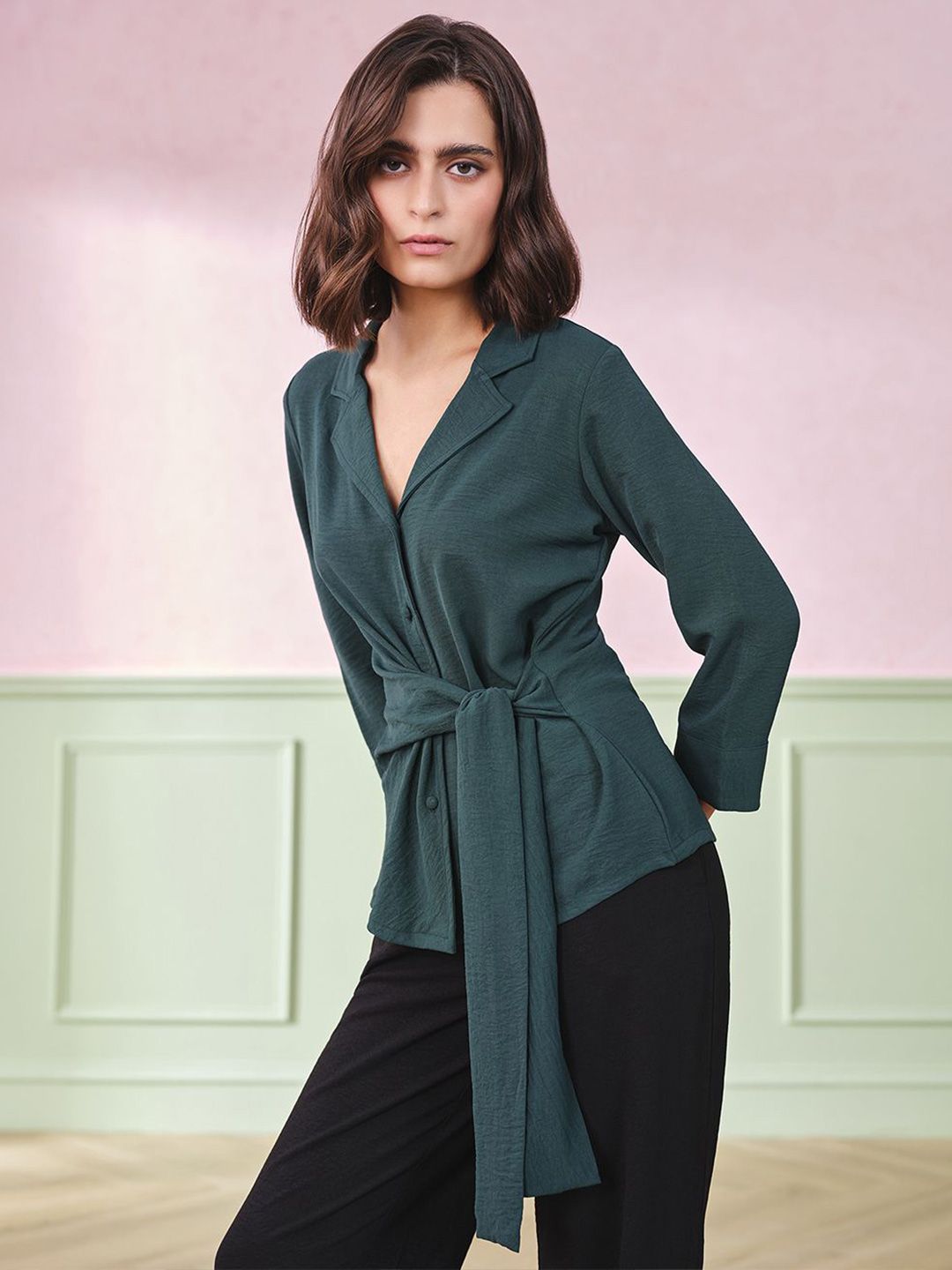 AND Women Lapel Collar Three-Quarter Sleeves Top