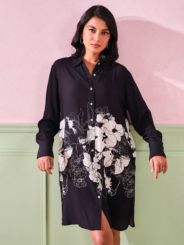 AND Floral Women Black and White Printed Long Sleeves Shirt Collar A-Line Dress