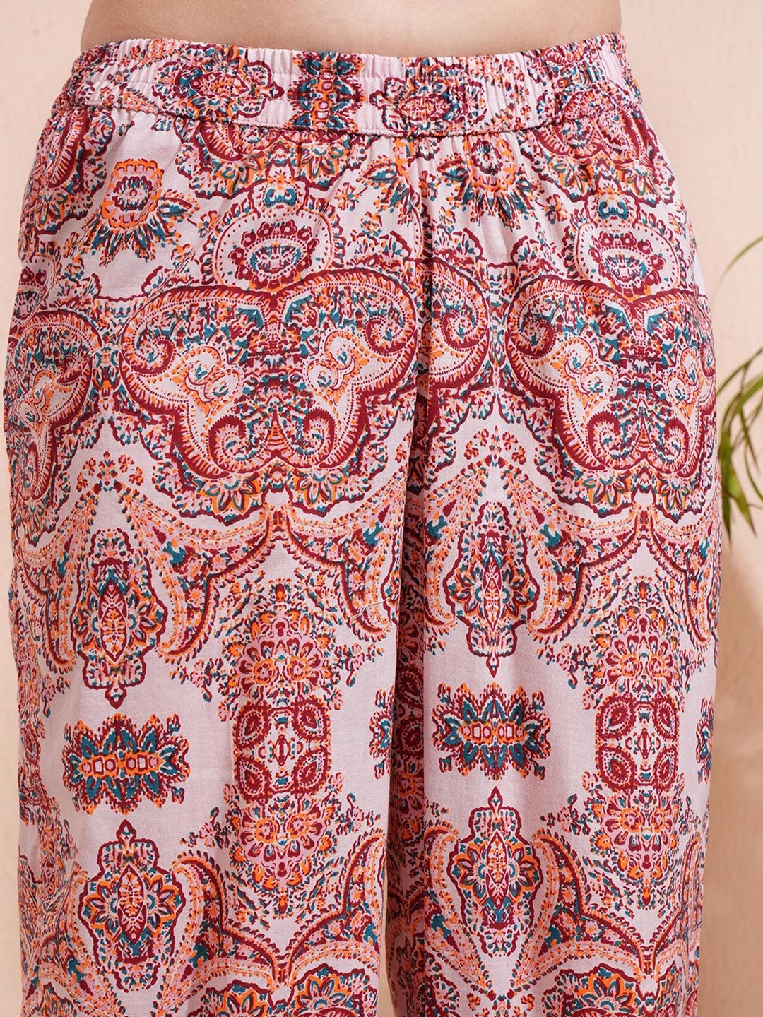 Vishudh Pink Printed V-Neck Three-Quarter Sleeves Pure Cotton Top With Trouser