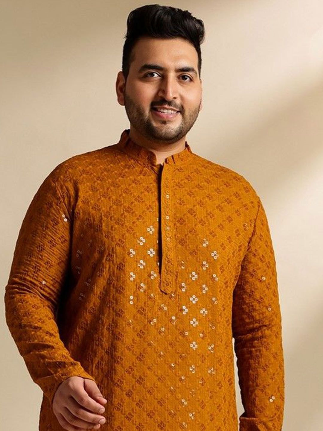 SOJANYA PLUS Men Plus Size Embellished Festive Cotton Straight Kurta