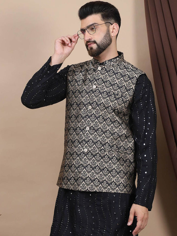 Anouk Leheriya Embroidered Sequinned Cotton Straight Kurta With Churidar & Nehru Jacket