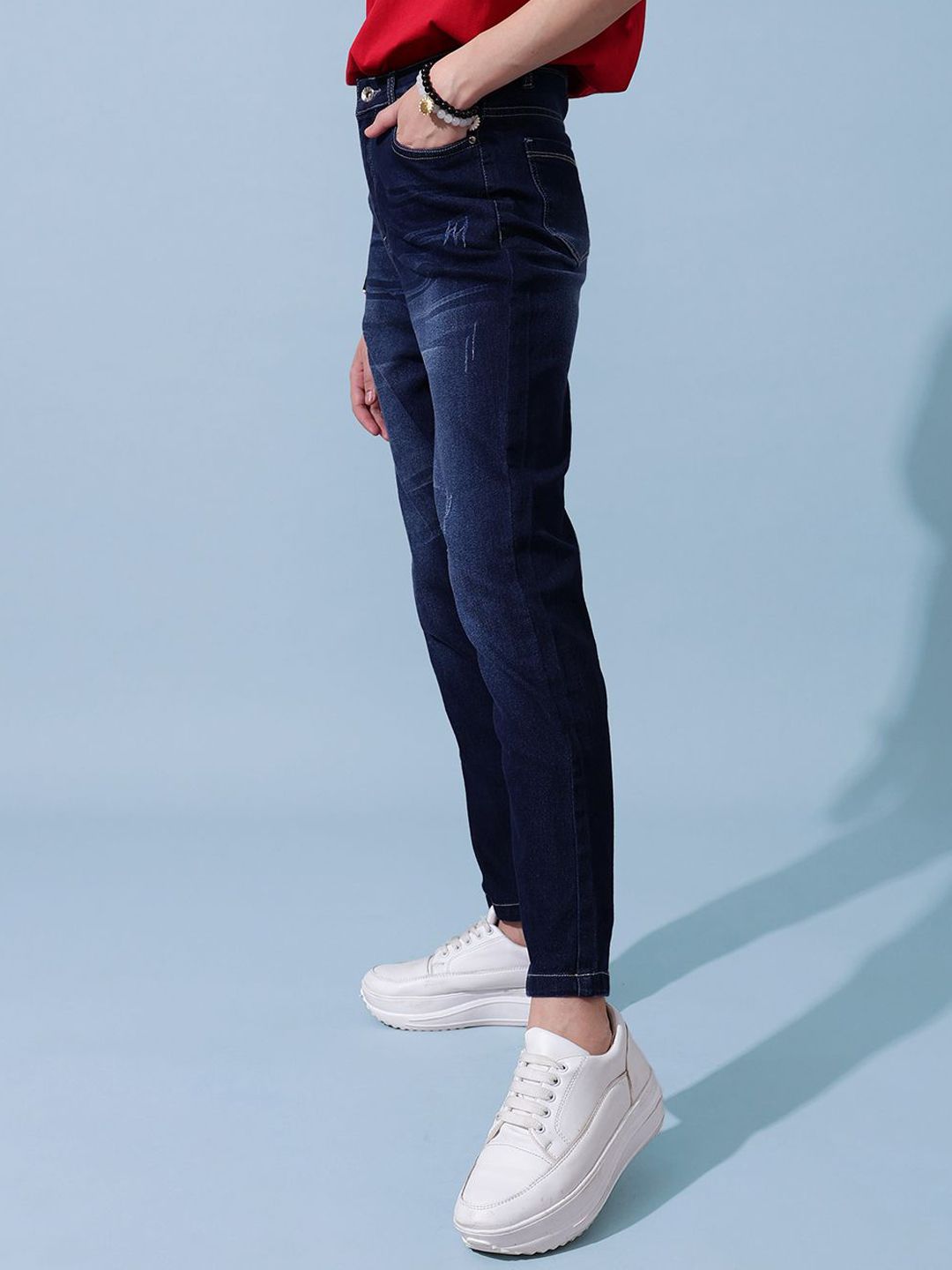 STREET 9 Women Comfort Slim Fit Low Distress Light Fade Jeans