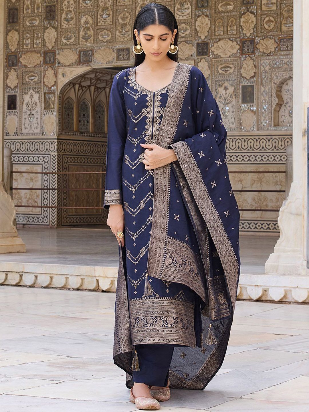 KALINI Ethnic Motifs Woven Design Kurta With Trousers & Dupatta