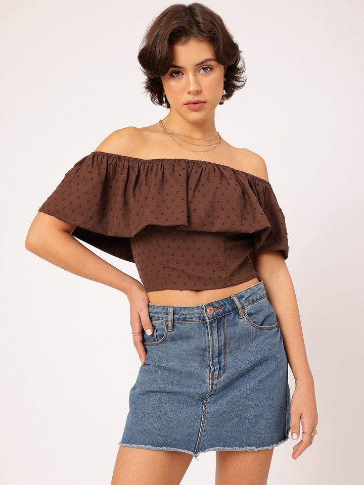 DressBerry Dobby Dreams Ruffled Bardot Crop Top