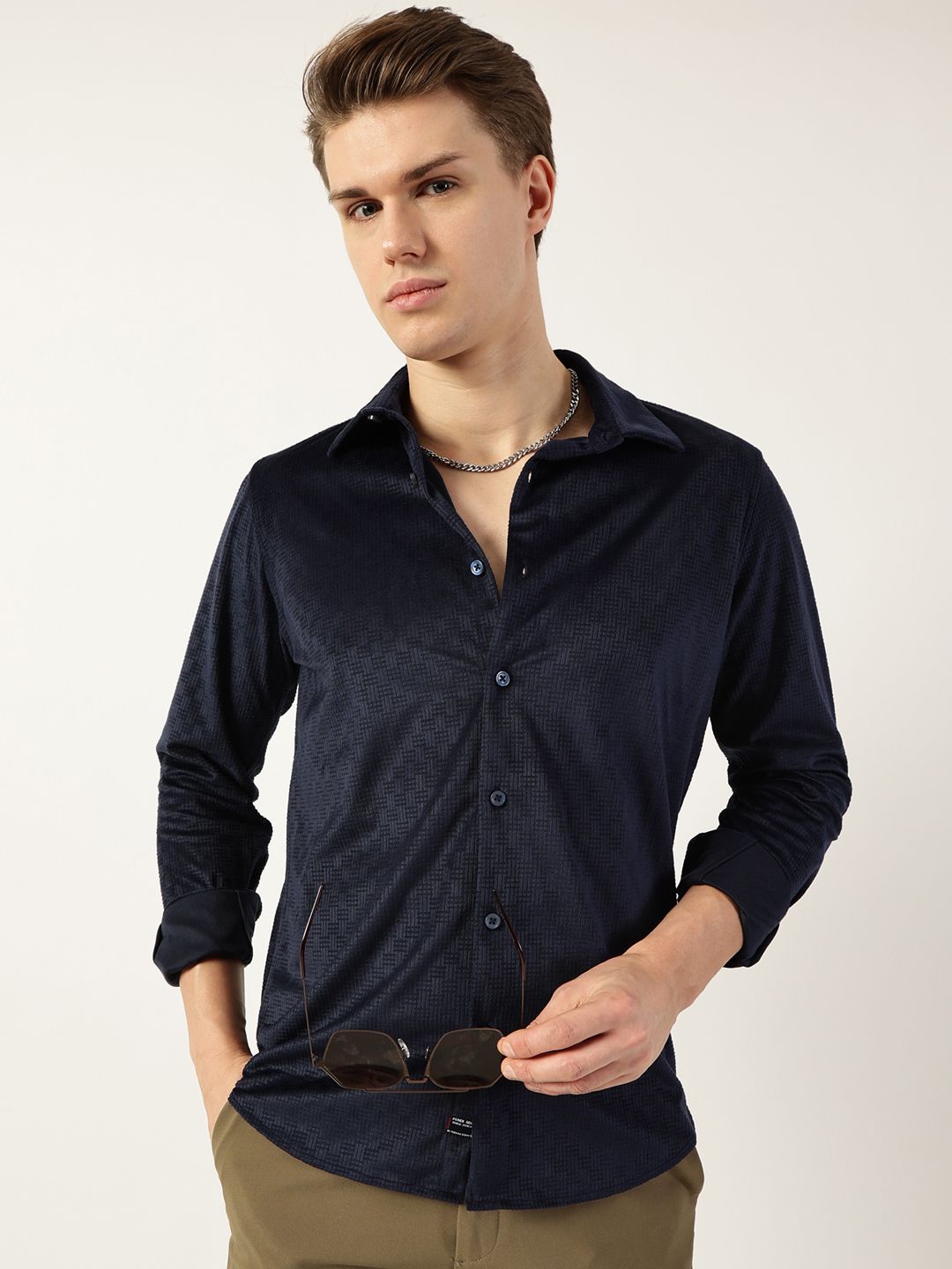 Thomas Scott Men Classic Spread Collar Textured Solid Slim Fit Casual Shirt
