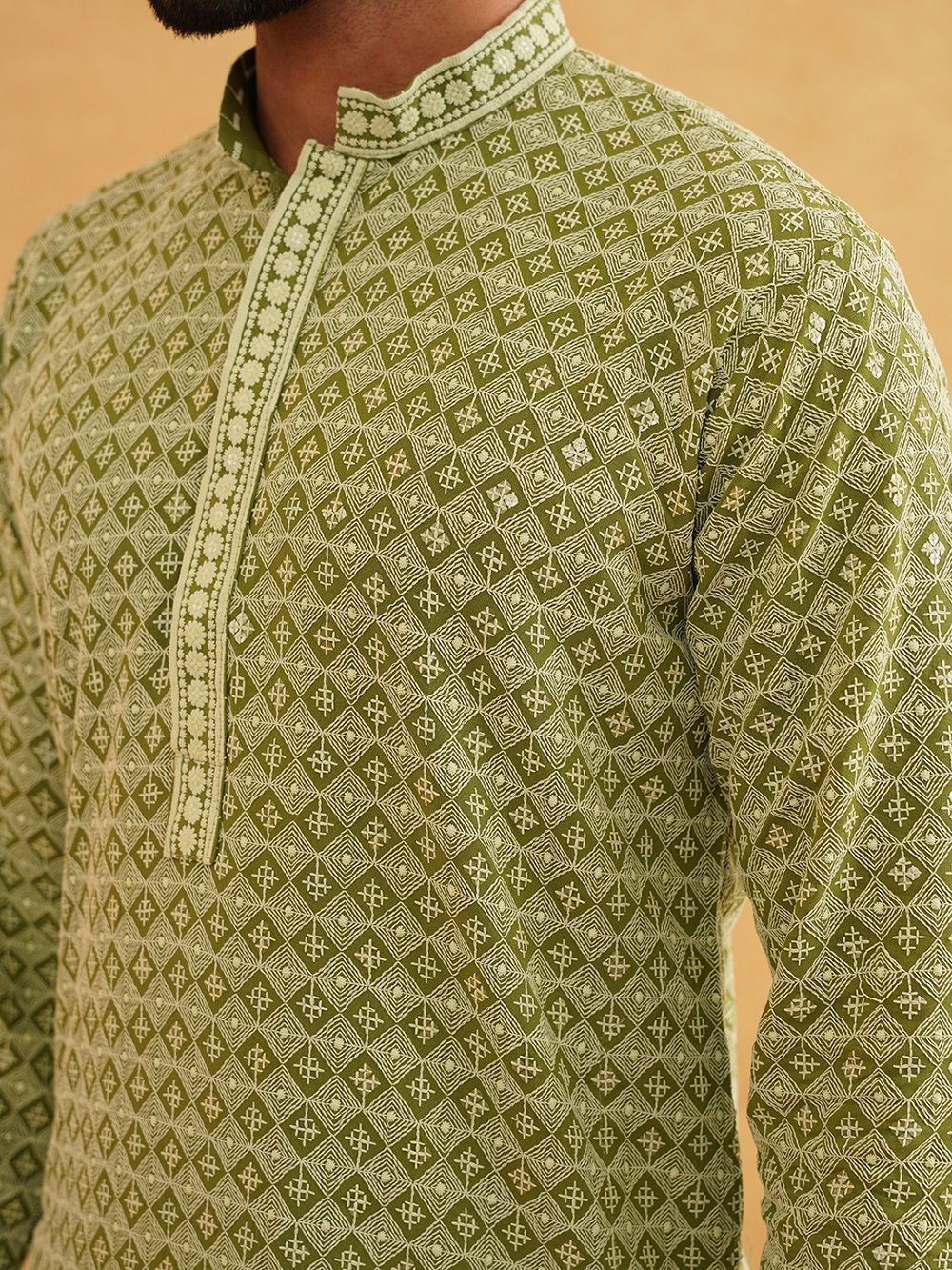SOJANYA Geometric Sequinned Mandarin Collar Pure Cotton Straight Long Kurta