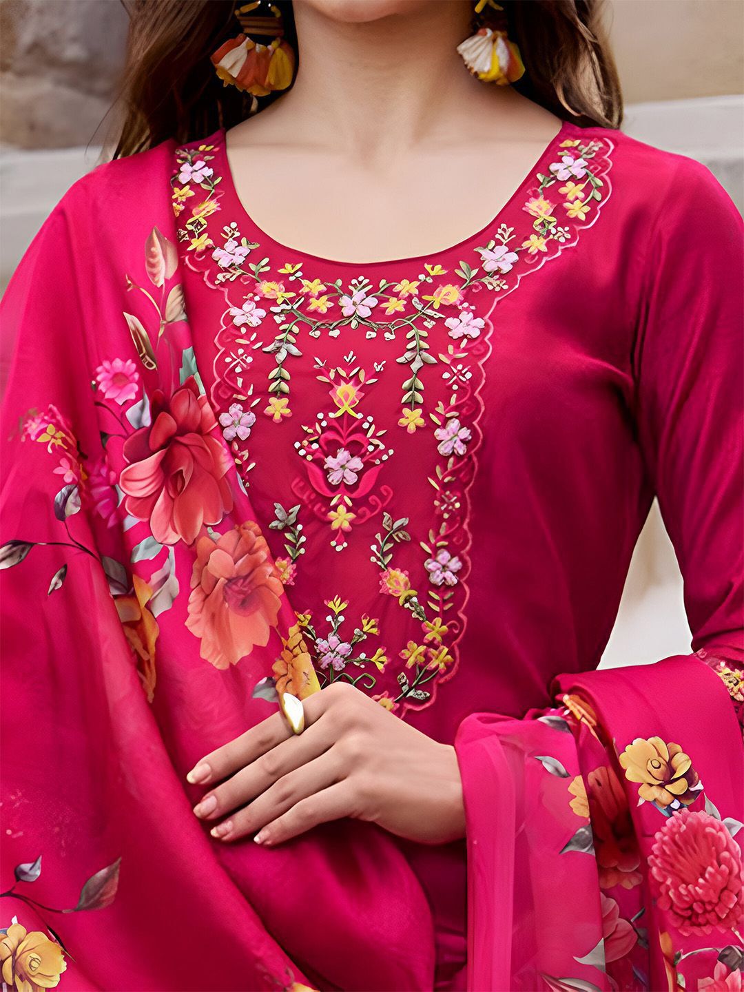 Varanga Floral Yoke Design Thread Work Straight Kurta With Trouser And Dupatta