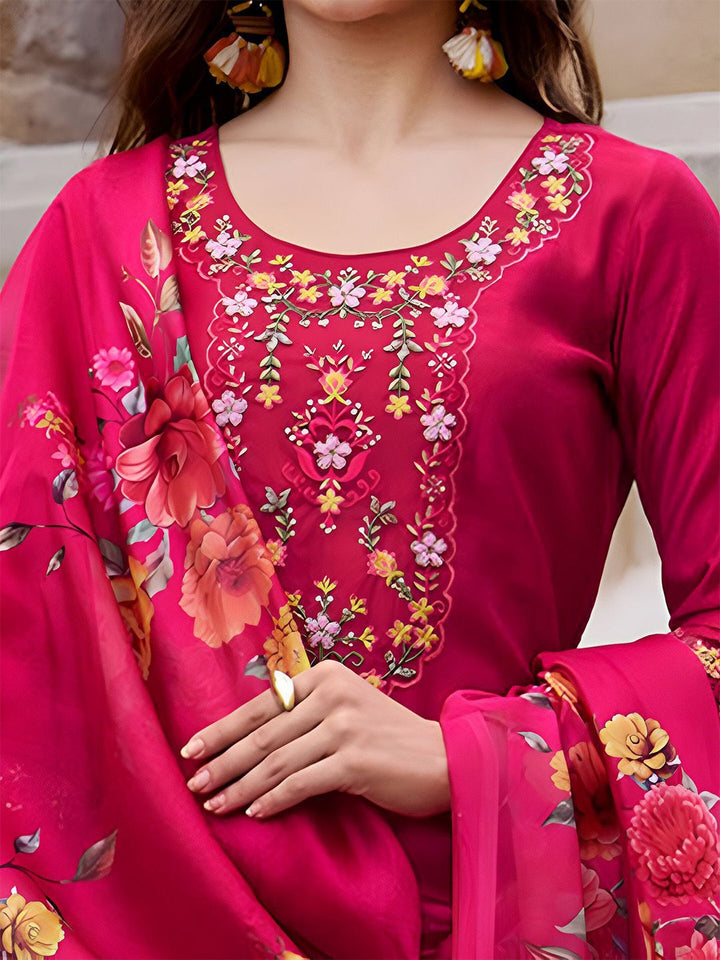 Varanga Floral Yoke Design Thread Work Straight Kurta With Trouser And Dupatta