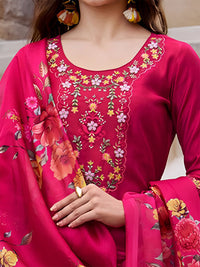 Varanga Floral Yoke Design Thread Work Straight Kurta With Trouser And Dupatta